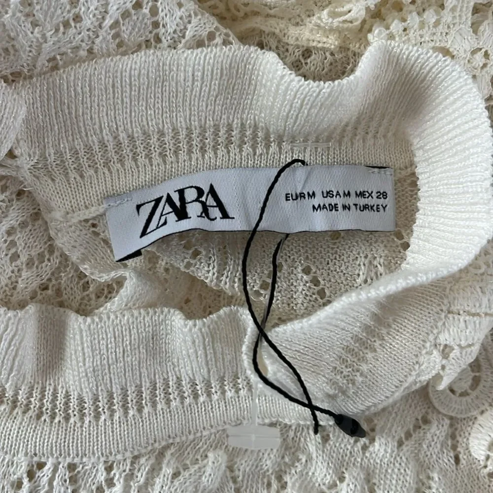 Zara Crochet Laced Knit Babydoll Top Size M Cream Short Sleeves